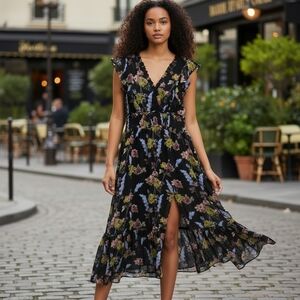PAIGE Katharina Sleeveless Silk Chiffon Dress Black Floral Midi Slit Medium